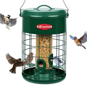 Kingsyard Upgraded Squirrel Proof Caged Bird Feeder for Outdoor Hanging - Additional Storage Tube Bird Feeder with 4 Feeding Ports & Perches, Easy to Clean & Refill. Green