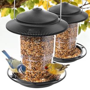 TrampgiK Outdoor Bird Feeder, Retractable Bird Feeder Hanging, Metal Hanger, Rainproof & Leak-Proof, Black, Pack of 2