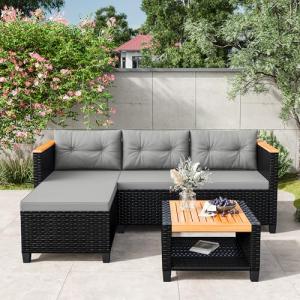 Wisteria Lane Small Patio Furniture Set, All-Weather PE Rattan Outdoor Sectional Sofa with Storage Table, L Shape Outdoor Couch with Cushions, 3 Piece Wicker Patio Furniture for Balcony, Grey