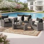 Wisteria Lane 4 Piece Patio Furniture Set, Wicker Outdoor Patio Conversation Furniture Set, All Weather Outdoor Patio Sofa with Cushion and Glass Table, Black