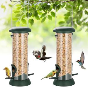 FEED GARDEN 2 Pack Tube Bird Feeders for Outdoors Hanging, Premium Hard Plastic Wild Bird Feeders with 2 Ports, Small Bird Feeder Easy-Refill&Clean, Gifts for Mom Woman, 8.5 Inch Green