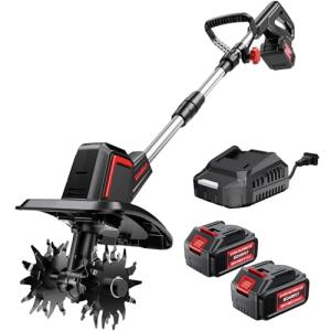 SOARFLY Upgraded Cordless Electric Tiller for Gardening, Total 8.0Ah Battery Powered Mini Cultivator with 2×4.0AH Batteries, 9" Width, 6.6" Depth, 48 Steel Tines Rototiller for Soil Cultivation