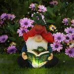 Sinhra Garden Gnome Statue-Resin Gnome Figurine Hugging Turtle Reading Book with Solar LED Lights，Outdoor Summer Decorations for Patio Yard Lawn Porch,Garden Ornament Gift
