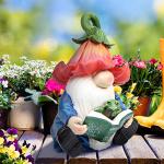 Sinhra Garden Gnome Statue-Resin Gnome Figurine Hugging Turtle Reading Book with Solar LED Lights，Outdoor Summer Decorations for Patio Yard Lawn Porch,Garden Ornament Gift