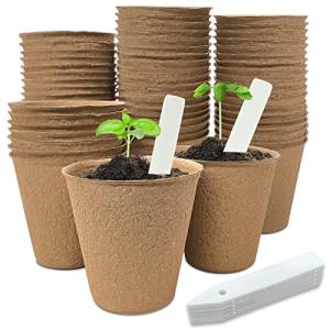INCIKITI 40Pcs 3.15 Inch Peat Pots, Biodegradable Eco-Friendly Round Plant Seedling Starters Kit, Seed Germination Trays with 10 Labels for Flower Vegetable Tomato Saplings & Herb Germination, Khaki