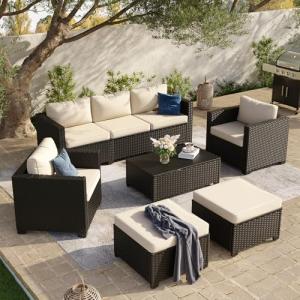 Aoxun 8 Piece Outdoor Patio Furniture Set 7 Seats, Outdoor Sectional with Thick Waterproof Cushions & Storage Coffee Table, Patio Conversation Sets for Garden,Backyard, Porch, Balcony, Deck, Beige