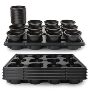 RooTrimmer 4 Inch Plastic Plant Pots 60 Pcs and 12 Cell Nursery Pots Trays 5 Pcs, Thick Sturdy Seeds Starting Germination Shuttle Carrying Trays, Black Small Planter Nursery Propagation 5 Sets