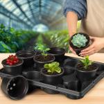 RooTrimmer 4 Inch Plastic Plant Pots 60 Pcs and 12 Cell Nursery Pots Trays 5 Pcs, Thick Sturdy Seeds Starting Germination Shuttle Carrying Trays, Black Small Planter Nursery Propagation 5 Sets