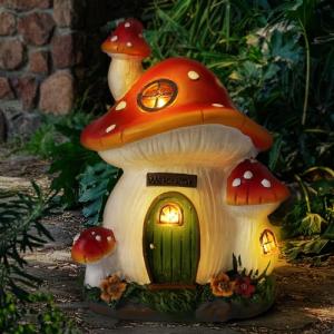FHWTY Mushroom House Garden Statue Outdoor, Solar Light Mushroom House Garden Figurines for Lawn, Balcony, Yard Decoration, Outdoor Garden Decoration
