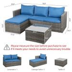 Shintenchi Outdoor Patio Furniture Sets, Small Outdoor Sofa Patio Sectional Sets 3-Piece All Weather Wicker Rattan Patio Seating Sofas with Glass Coffee Table and Cushion (Blue)
