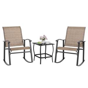 Shintenchi Rocking Chair Outdoor with Table, 3 Piece Rocking Patio Bistro Set, Outdoor Furniture Set with Metal Frame and Textilene Fabric for Small Space, Brown