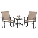 Shintenchi Rocking Chair Outdoor with Table, 3 Piece Rocking Patio Bistro Set, Outdoor Furniture Set with Metal Frame and Textilene Fabric for Small Space, Brown