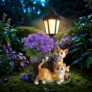 YEPOTUE Solar Cat Outdoor Statues, Garden Sculptures with Flowerpot Decor & Solar Lantern for Yard Art Lawn Ornaments Porch Patio Balcony - Idea Gifts for Women Mom Grandma