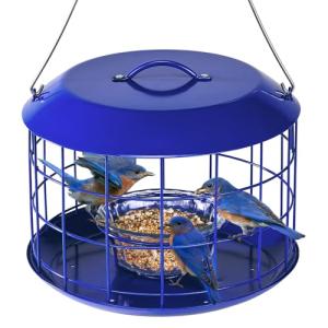 Kingsyard Bluebird Feeders for Outdoors Hanging, All Metal, Cage Mealworm Bird Feeder with Tray, Squirrel Proof & Weatherproof, Easy to Refill & Clean (Blue)