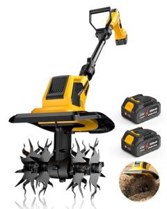 DEGGE Tiller, Cordless Tiller Cultivator with 48 Steel Tines, 9 inch Tilling Width and 6.7 inch Depth, 2 x 3.0Ah 21V Batteries & Charger, Gardening Tools for Lawn/Gardening/Soil Cultivation