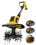 DEGGE Tiller, Cordless Tiller Cultivator with 48 Steel Tines, 9 inch Tilling Width and 6.7 inch Depth, 2 x 3.0Ah 21V Batteries & Charger, Gardening Tools for Lawn/Gardening/Soil Cultivation