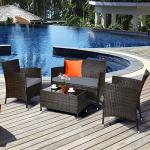 Goplus 4-Piece Rattan Patio Set, Outdoor/Indoor Wicker Conversation Set for Pool, Backyard, Lawn, Wicker Chairs and Sofa with Soft Cushion, Rattan Furniture with Tempered Glass Coffee Table