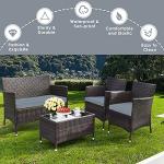 Goplus 4-Piece Rattan Patio Set, Outdoor/Indoor Wicker Conversation Set for Pool, Backyard, Lawn, Wicker Chairs and Sofa with Soft Cushion, Rattan Furniture with Tempered Glass Coffee Table
