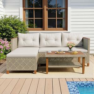 Devoko Patio Furniture Set 3 Piece Outdoor Sectional Sofa Hollow Rattan Patio Seating Sofa with Coffee Table & Ottoman for Deck, Porch, Poolside