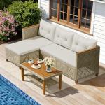 Devoko Patio Furniture Set 3 Piece Outdoor Sectional Sofa Hollow Rattan Patio Seating Sofa with Coffee Table & Ottoman for Deck, Porch, Poolside