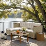 Devoko Patio Furniture Set 3 Piece Outdoor Sectional Sofa Hollow Rattan Patio Seating Sofa with Coffee Table & Ottoman for Deck, Porch, Poolside