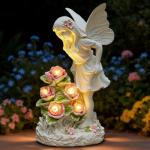 Garden Figurines Angel Garden Statue Outdoor Decor, Solar Powered Resin Sculpture with 5 LEDs Art Decoration for Patio Lawn Yard Porch, Ornament Housewarming Garden Gift, 12.8 x 7.5 x 6.1 Inch