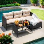 Devoko Outdoor Patio Furniture 3-Piece Rattan Waterproof Outdoor Sectional Sofa All-Weather L Shaped Patio Couch with Cushion Glass Table for Balcony, Garden (Beige)
