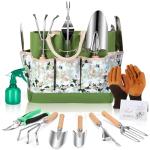 Gardening Tools Set of 10, Heavy Duty Stainless Steel Garden Hand Tools with Floral Tote Bag, Rust-Proof Garden Tools for Gardening, Gardening Gifts for Women, Men and Plant Lover