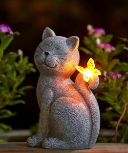 Solar Cat Garden Statue with Butterfly Decoration