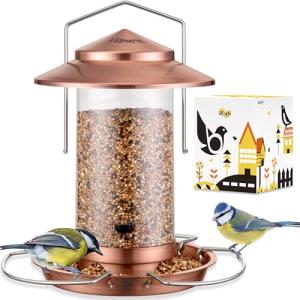 iBorn Bird Feeder Metal Squirrel Chew-Proof Bird Feeders for Outdoors Hanging Outside for Cardinal, Holds 1.5LB Seed with 3 Perchs, Brushed Copper (Seed is not Included)