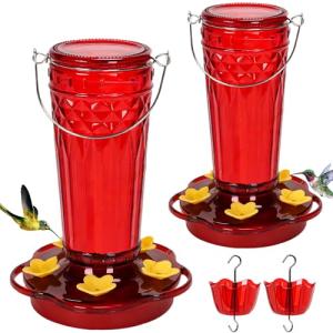 Zamelane Glass Hummingbird feeders for Outdoors 2pack-14Ounces，5 Feeding Ports Hummingbird Feeder,Wide Mouth for Easy Filling/Cleaning，Hanging for Garden Backyard Decor, Includes Ant Moat (Red)