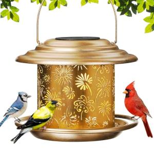 Solar Bird Feeders for Outdoors, Weatherproof Metal Bird Feeder with Fireworks Pattern for Christmas Decoration, Hanging Birdfeeder Lantern for Courtyard Garden Outside