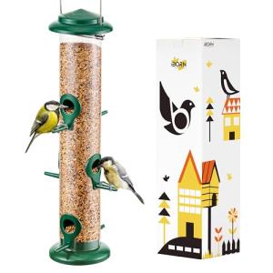 iBorn Metal Bird Feeders 6 Ports Hanging Wild Bird Seed Feeder for Mix Seed Blends, Seed Feeder, Sunflower Heart, Birdbath, Heavy Duty All Metal Green Finishing 15 Inch 6Port,Gift Box