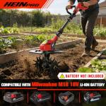 HEINPRO Cordless Tiller Cultivator Compatible with Milwaukee M18 Battery, 9In Tilling Width & 7In Depth Electric Tiller for Gardening, 360RPM Rototillers for Garden Cultivator (Tool Only)