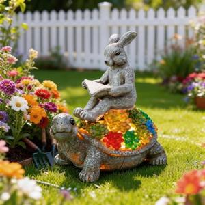 TERESA'S COLLECTIONS Garden Statues Rabbit Turtle Solar Outdoor Light for Garden Decor, Resin Outdoor Statues Tortoise Bunny Sculptures for Lawn Patio Porch Yard Decor Garden Gifts for Mom Women, 9"