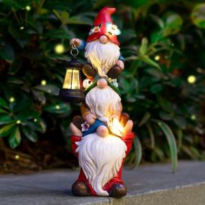 twinbling Christmas Gnome Statue with Solar Lights Garden Sculptures Funny Triple Gnome Outdoor Patio Lawn Yard Balcony Home Decor Birthday Gift for Woman Grandma 12 in Garden Gnome