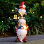 twinbling Christmas Gnome Statue with Solar Lights Garden Sculptures Funny Triple Gnome Outdoor Patio Lawn Yard Balcony Home Decor Birthday Gift for Woman Grandma 12 in Garden Gnome