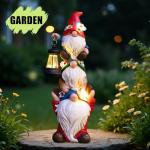 twinbling Christmas Gnome Statue with Solar Lights Garden Sculptures Funny Triple Gnome Outdoor Patio Lawn Yard Balcony Home Decor Birthday Gift for Woman Grandma 12 in Garden Gnome