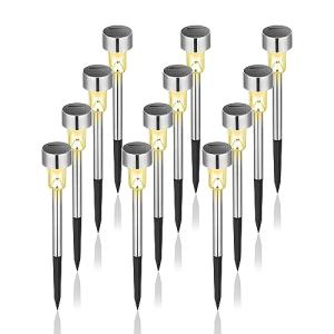 GIGALUMI Solar Lights Outdoor Waterproof, 12 Pack, Stainless Steel LED Solar Garden Lights for Patio, Lawn, Yard and Landscape, Garden Decor Patio Decor,Warm White