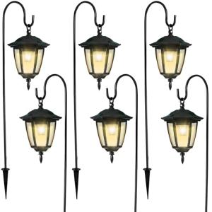 Dynaming 6 Pack Solar Hanging Lights Outdoor, Solar Powered Garden Decorative Lanterns with 6 x 38 Inch Shepherd Hooks, Waterproof Landscape Lighting for Lawn Patio Yard Pathway Driveway, Warm White
