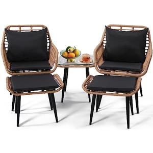 KROFEM 5 Piece Wicker Bistro Patio Conversation Furniture Set, Includes 2 Chairs, 2 Ottomans, and Side Table, Ideal for Porch, Balcony, Deck, Backyard, Natural