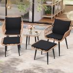 KROFEM 5 Piece Wicker Bistro Patio Conversation Furniture Set, Includes 2 Chairs, 2 Ottomans, and Side Table, Ideal for Porch, Balcony, Deck, Backyard, Natural