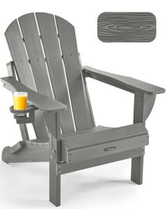 Ciokea Folding Adirondack Chair Wood Texture, Patio Chair Weather Resistant, Plastic Fire Pit Chair with Cup Holder, for Lawn Outdoor Porch Garden Backyard Deck (Grey)