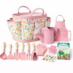 Kids Gardening Set 14Pcs Gardening Tools for Kids with Tote Bag,Watering Can, Shovel, Apron, Garden Book and More Educational STEM Learning Outdoor for Toddlers Boys Girls (Pink)