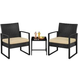 Yaheetech 3 Pieces Rattan Bistro Set, Indoor/Outdoor Wicker Patio Modern Conversation Furniture, 2 Chairs & Tempered Glass Coffee Table for Garden, Balcony, Backyard, Poolside, Black/Khaki