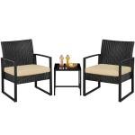 Yaheetech 3 Pieces Rattan Bistro Set, Indoor/Outdoor Wicker Patio Modern Conversation Furniture, 2 Chairs & Tempered Glass Coffee Table for Garden, Balcony, Backyard, Poolside, Black/Khaki