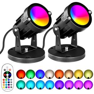 AOAXL 5W RGBW Landscape Lights, 16 Color Changing Spotlight 110V 120V Outdoor Landscape Lighting with Remote for Yard Garden Pathway(2 Pack with Base and Stake)