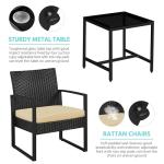 Yaheetech 3 Pieces Rattan Bistro Set, Indoor/Outdoor Wicker Patio Modern Conversation Furniture, 2 Chairs & Tempered Glass Coffee Table for Garden, Balcony, Backyard, Poolside, Black/Khaki