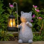 Solar Cat Statue with Lantern for Garden Decor