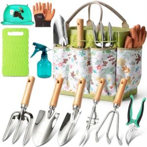 Garden Tool Set 11-Piece Heavy Duty Gardening Hand Tools - Rust-Resistant Stainless Steel with Durable Stylish Garden Tools Organizer Tote Bag | Ideal Gardening Gift for Women & Garden Enthusiasts